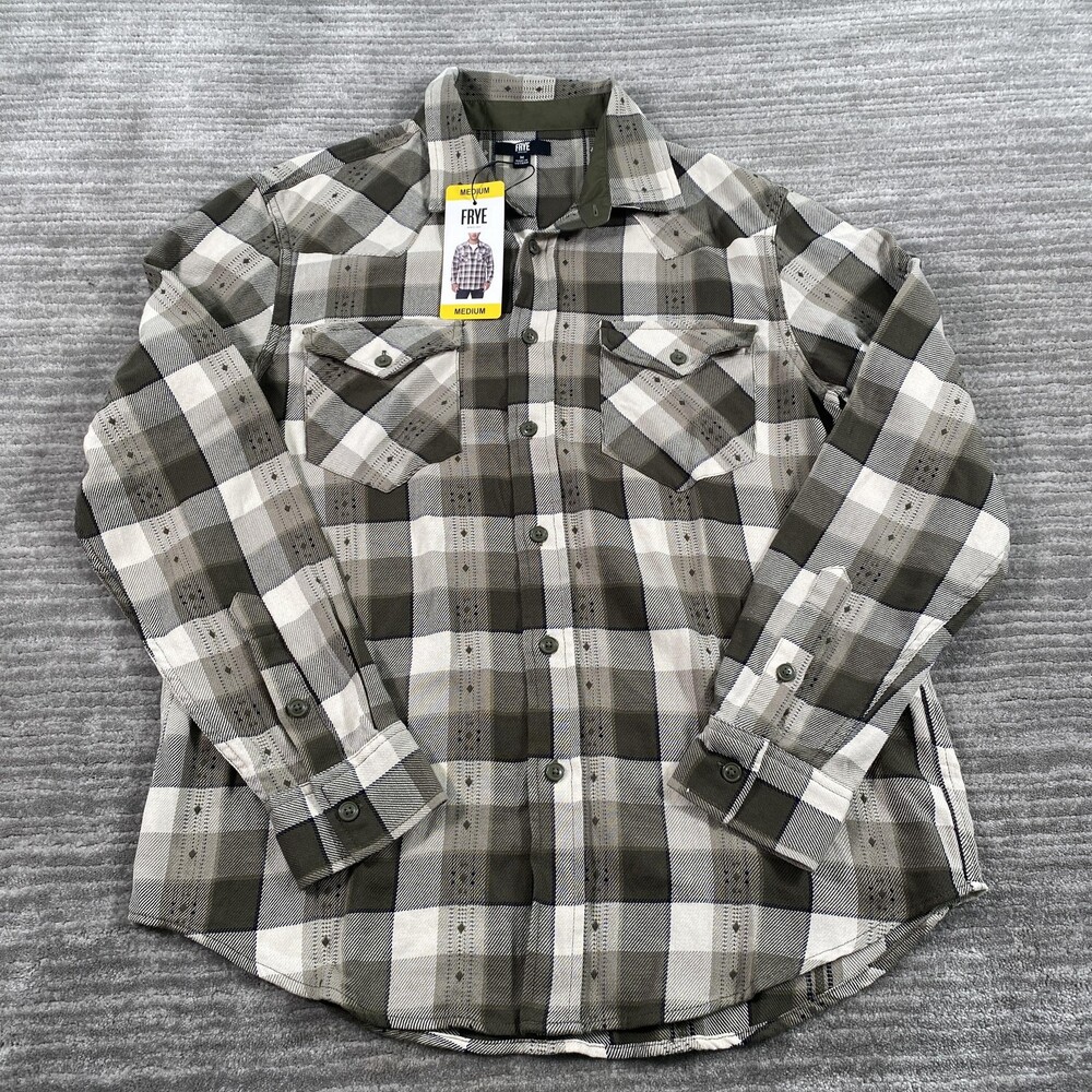 Frye Shirt Mens Medium Dusky Green Plaid Jacquard Flannel Long Sleeve Casual